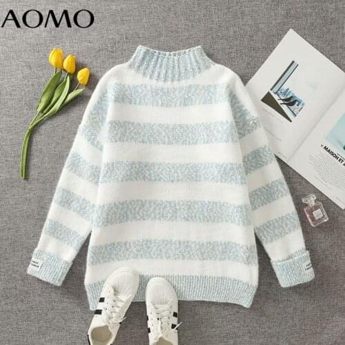 AOMO 2021 Chic Women Striped Warm Thick Turtleneck Sweater Vintage Ladies Knitted Jumper Tops 2J61A