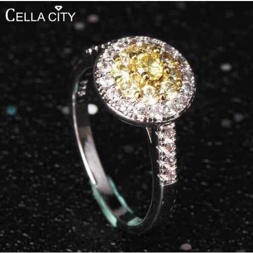 Cellacity Round Silver 925 Jewelry AAA Zircon Ring for Women Yellow Gemstones Elegant Female Wedding Rings Temperament Gifts