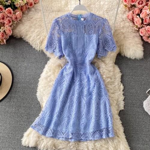 New Women High Quality Summer Floral Hollow Out See Through Dress Casual Korean Mini Lace Slim Dresses Vestidos