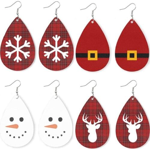 2021 Wholesale Christmas Leather Earrings Drop Red Christmas Snowflake Snowman Elk Car Letter Earrings for Female