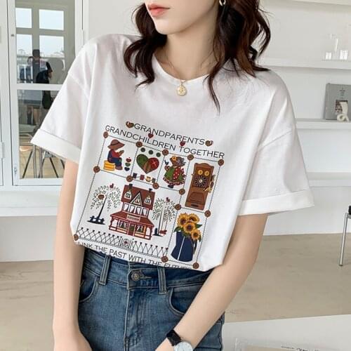 2021 Loose Cartoon Print T Shirts Women Aesthetic Harajuku Short Sleeve Cute Shirt O Neck Top Plus Size Women T-shirt Clothing