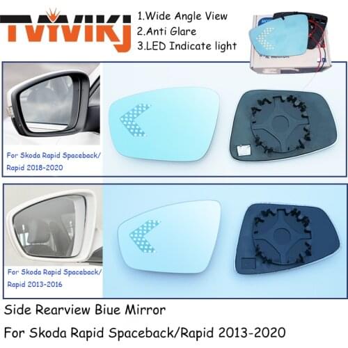 TVYVIKJ Side Rearview Mirror Blue Glass Lens with LED Indicate light For Skoda Rapid Spaceback/Rapid 2013-2020 Wide Angle View