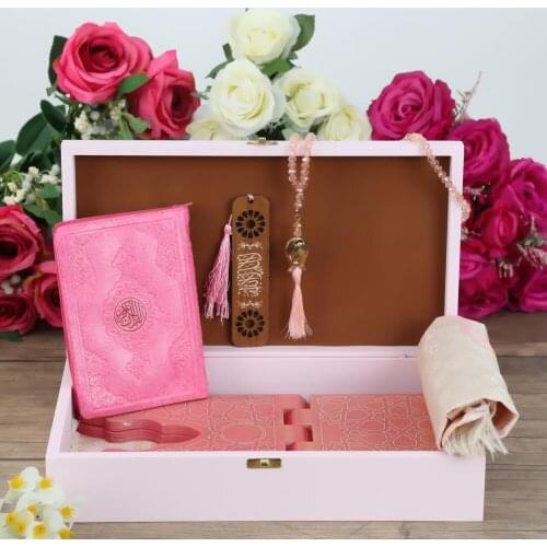 Wooden Box Pink, Prayer Rug, Wooden Desk, Quran, Crystal Rosary and Bookmark Gift Set FREE SHİPPİNG