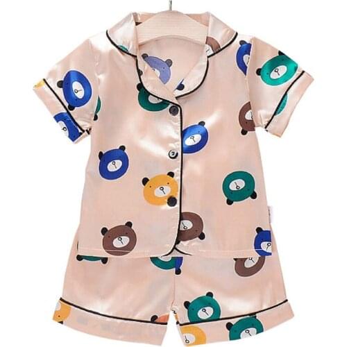 Summer Pajama Sets Boys Printing Single-Breasted Nightwear Kids Short Sleeve Homewea Baby Girls Silk Satin Sleepwear Suit