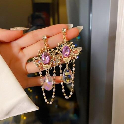 Fashion Palace Wind Crystal Imitation Pearl Tassel Chain Wedding Dangle Earring For Women 2021 Trendy Statement Jewelry Earrings