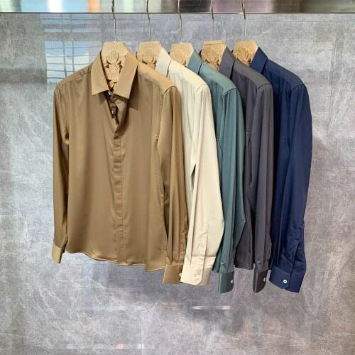 2021 Spring Summer Men Solid Color Shirt Fashion Turn Down Collar Long Sleeve Tops Streetwear Casual Blouse Camisas Hombre A182
