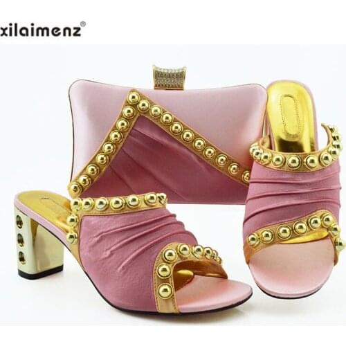 2019 Summer New Arrival Pink Color Italian Shoes with Matching Bags Set Comfortable Heels with Shinning Rivet for Wedding Pary