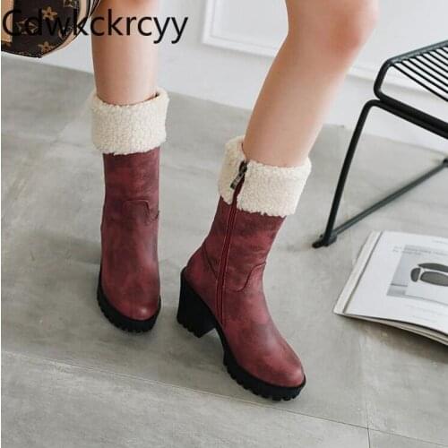 Winter The New fashion Round head Thick heel Martin boots Leisure Plus velvet Keep warm High heel Women boots plush size 34-43