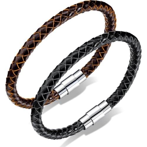 New Men Genuine Leather Bracelets Braided Bracelet for Boy Male Magnet Stainless Steel Rope Wristband for Mens Father