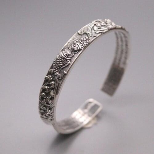 New Pure 999 Fine Silver Bracelet Width 10mm Pisces pattern Cuff Bangle 58-64mm Adjustable About 36.6g