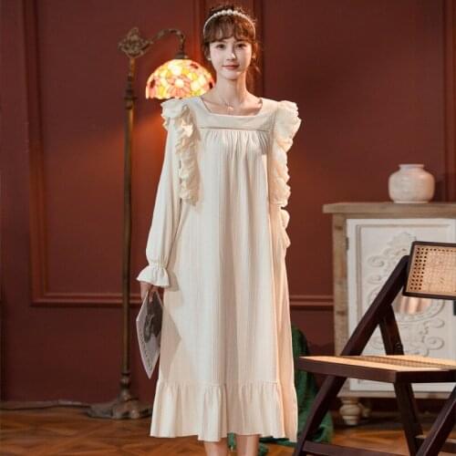 Autumn Ruffle Nightgown Women Solid Long Palace Style Sleep Dress Loose Casual Cute Homewear Long Sleeve Nightdress Sexy Soft