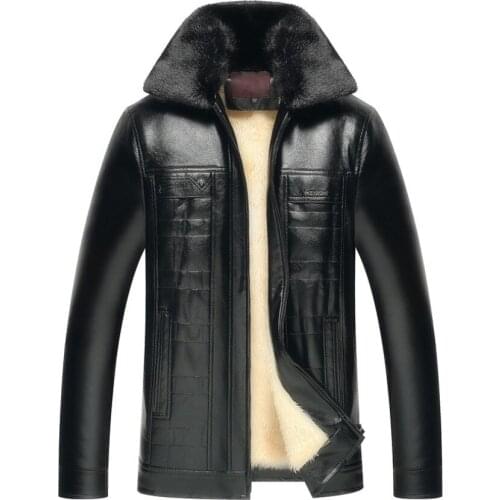 Casual Winter Thick Warm Fleece Liner Men PU Leather Jackets Long Sleeve Zipper Faux Fur Collar Lapel Male Loose Coats Plus Size