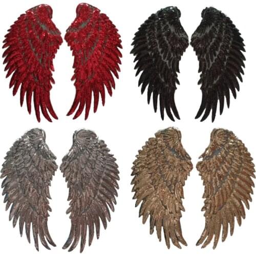 2pair/lot Luxury Sequins Embroidery Patches Gold Silver Feather Wings Clothing Decoration Garment Accessories Iron Heat Transfer