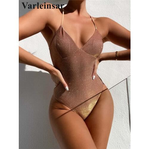NEW V Neck High Leg Cut One Piece Swimsuit Women Swimwear Female Bather Shiny Glitter Sparkling Bathing Suit Swim Wear V2631