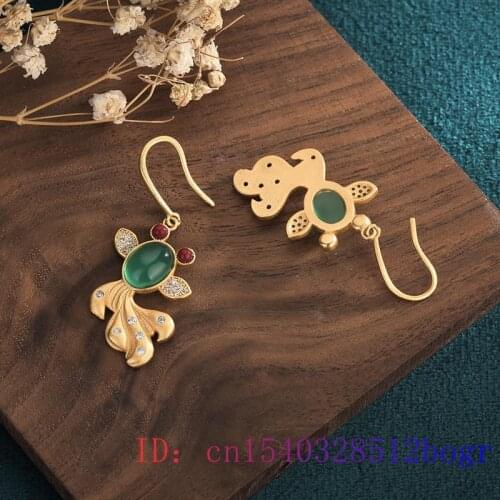 Green Jade Goldfish Earrings Agate Zircon Fashion Gemstone Natural Charm Jewelry Women Amulet 925 Silver Crystal Chalcedony