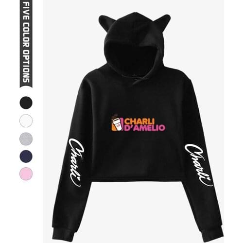Charli D'Amelio Crop top hoodies Women Sexy Charli Damelio Merch Pullover Ice Coffee Splatter Cat ear Hoodie short Sweatshirt