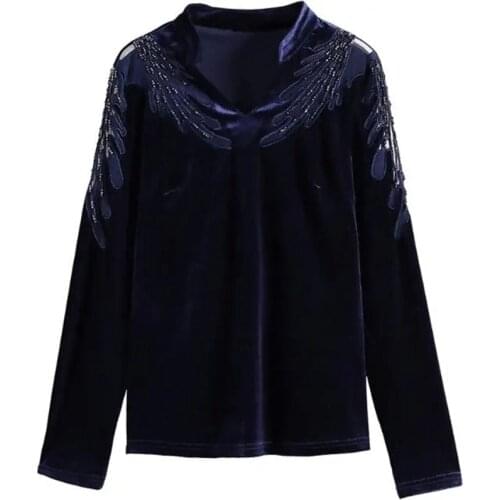 Gold Velvet Bottoming Shirt Women Long-Sleeved2021 Spring And Autumn New v-Neck Gauze hollow Plus Size T-Shirt Top Female