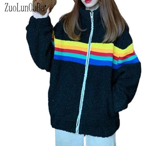 Autumn Winter Coat Women Hoodies Thicken Fashion Lucky Rainbow Harajuku Zipper Cashmere Sweatshirt Long Sleeve Black Tops Loose