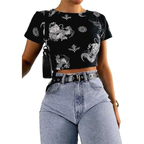 2021 Fashion Trend Womens Vintage T-Shirt Summer Short Sleeve Crewneck Dragon Print Slim Fit Crop Tops Stylish Slim Tees