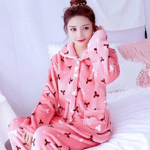 H5795 Women Winter Long Sleeve Pajamas Thickened Flannel Homewear Suit Coral Velvet Loose Sweet Lovely Full Trousers Nightwear