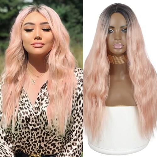 AZQUEEN Middle Part Long Wavy Wigs for Women Synthetic Natural Heat Resistant Fiber Wig Black Pink Wigs for Girl Cosplay Hair
