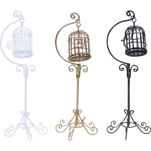 1:12 Mini Dollhouse Metal Bird Cage Model With Holder Alloy Miniature Decorations Modern Home Room Crafts 3 Colors