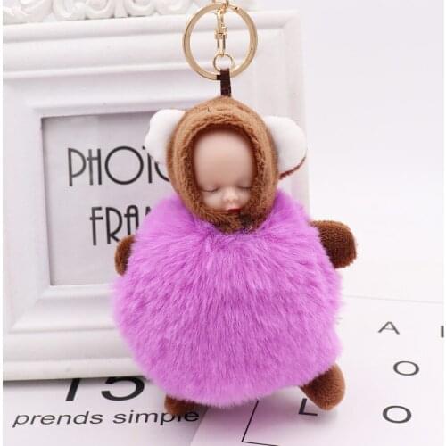 1Pcs Cute Fluffy Sleeping Baby Keychain Pompom Rabbit Fur Ball Key Chain Car Keyring Women Key Holder Bag Pendant Charm Jewelery