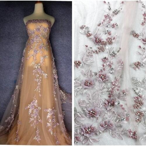1yard New fashion style gray pink heavy beads 3d flowers on netting embroidery wedding dress lace fabric