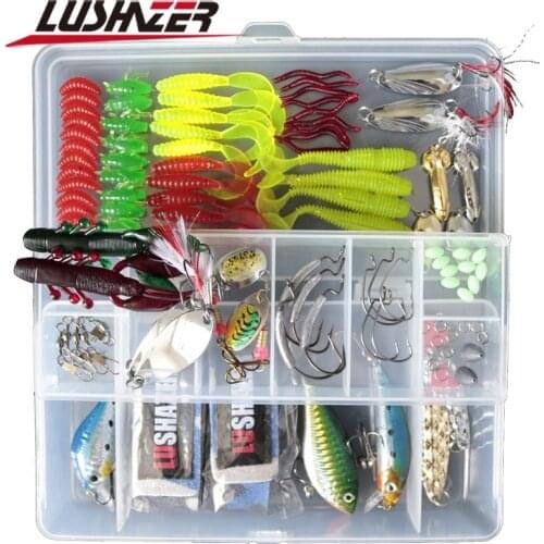 105pcs/lot LUSHAZER Fishing Lure Soft Bait DD Spoon Spinner Baits Jig Hooks Hard Lures Swivel with box