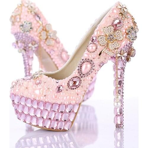 2020 Handmade Charming Bridal High Heels Formal Dress Shoes Gorgeous Pink Pearl Platform Round Toe Wedding Shoes