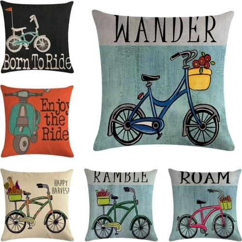 45*45cm Bicycle Rideto live Pattern Cotton Linen Throw Pillow Cushion Cover Home Decoration Sofa Bed Decor Decorative Pillowcase