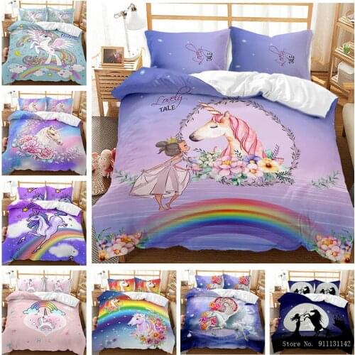 Cartoon Rainbow Unicorn Print Bedding Set Cute Girl Bedroom Decor Home Fabric Quilt Cover Pillowcase Christmas Gift for Children