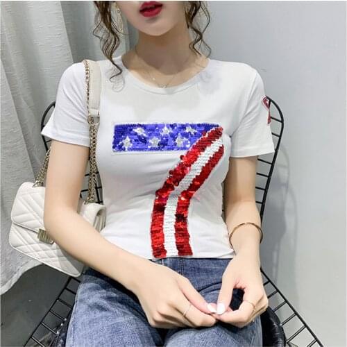 GGRIGHT 2021 Woman T-shirts Harajuku Short Sleeve O-Neck Tee Shirt Femme Summer Sequin Tops Casual Plus Size Womens Clothing