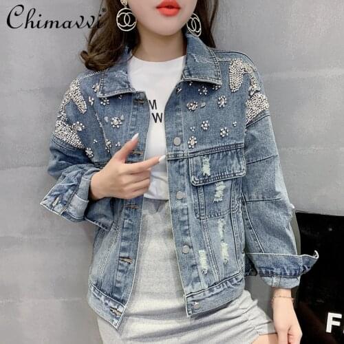 Short Jean Jacket Womens 2021 Spring Loose Korean Style Rhinestone Denim Jacket Female Blue Ripped Long Sleeve Coat