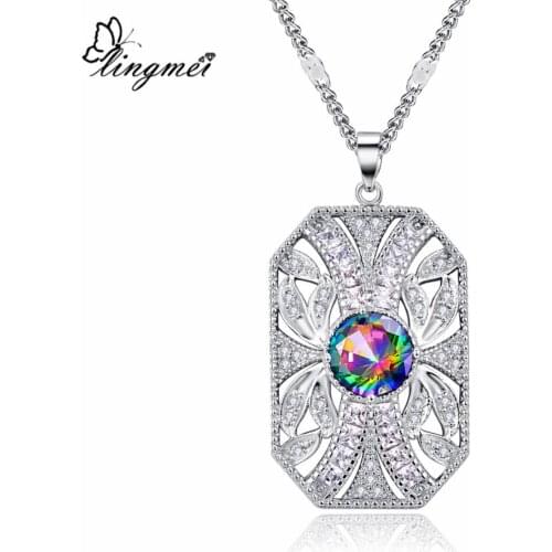 Lingmei Wholesale Vintage Classic Jewelry Fashion Cocktail Multicolor & Blue & White Zircon Silver Color Necklace Pendant