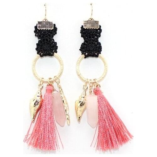 Fashion Bohemian Vintage conch pink stone black lace circle long pink Tassel Earrings for Women