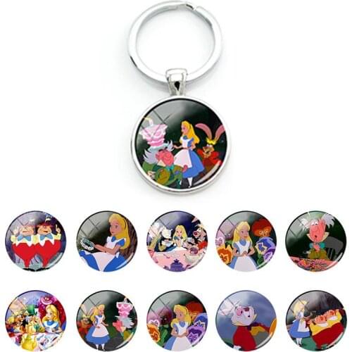 Disney Alice in Wonderland Theme Temperament Fashion Keychain Pendant Glass Cabochon Keychains for Girls Hot Sale Jewelry DSN477