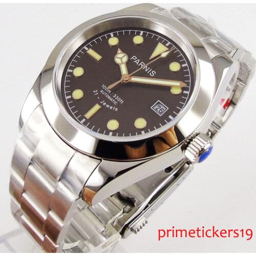 Automatic mens watch PARNIS 40mm yellow marks sapphire glass date mental strap brown dial