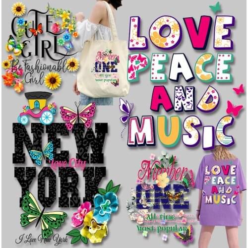 Letter Stickers Flowers Butterfly Heat Transfer PVC Patch Iron-on Transfers DIY Appliques Stickers on fabric