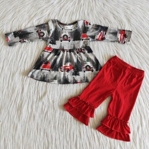 Christmas Day Outfits Boutique kids Clothing Sets Toddler Girl Christmas Tree Car Long Sleeve Dress and Red Ruffles Pants
