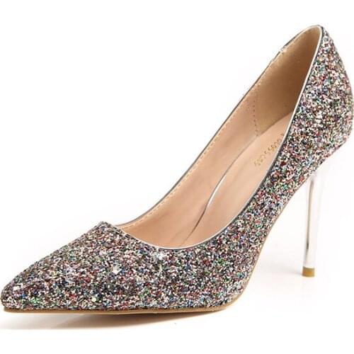 New women high heel pumps solid fashion sexy party gold black shoes bling thin heel 9.5 cm slip on wedding heels brand RUIDENG