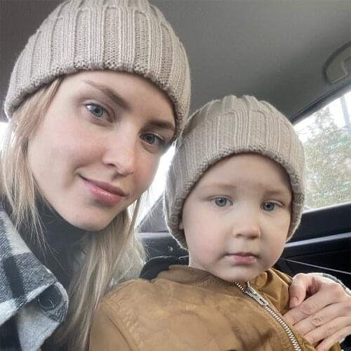 Solid Color Parent-Child Hat Autumn Winter Warm Women Beanie Soft Knitted Mother Kids Cap Outdoor Ski Hats