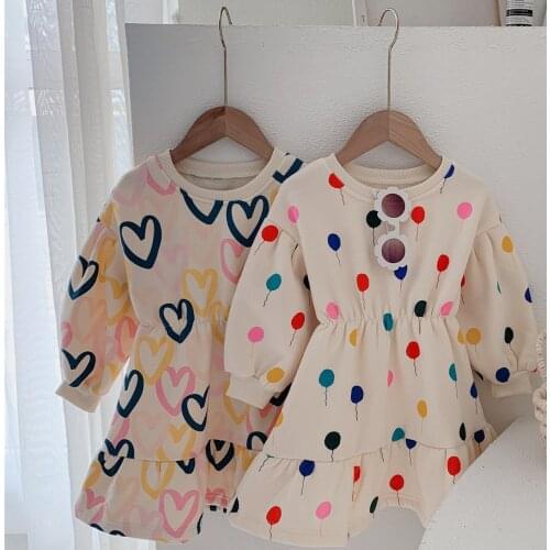 Girls' Dresses 2021 Autumn New Baby Girl Korean Version Sweet And Lovely Love Printing Princess Dress Childrens Sweatshirt Pull