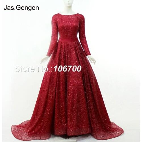 Amazing Long Sleeves Ball Gown Evening Dress Two Pieces Shining Glitter Fabric With Detachable Over Skirt Dark Red Prom Gowns
