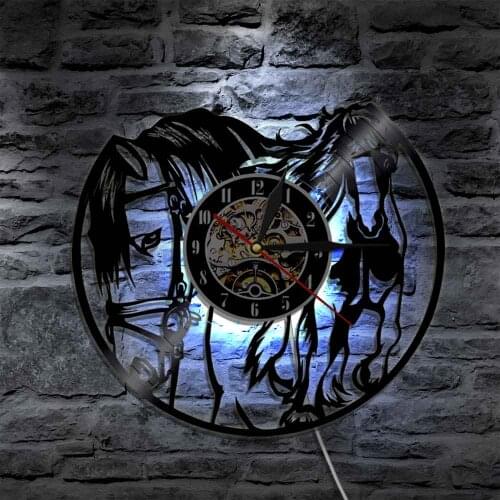 Galloping Horses Wall Art Clock Horses Vinyl Record Wall Clock With LED Light Modern Design Home Decor Horse Rider Best Gift