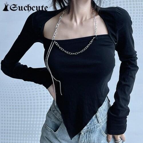 SUCHCUTE Vintage Chain Women Black T-Shirts Long Sleeve Slim Dark Academia Casual Tops Korean Sexy Backless Harajuku Female 2021