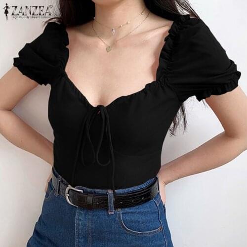 ZANZEA Women Sexy Summer Short Sleeve Crop Tops Ruffles Blouse Fashion White Tops Casual Club Party Slim Shirt Solid Chemise