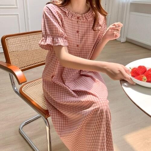 Plaid Print Red Summer Sleepwear Women O-Neck Short Sleeve Cotton Nightgown Casual Kawaii Vintage Homewear Nightwear