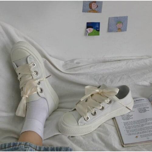 Women Canvas Shoes 2020 Spring New Lady Solid Color Stylish Sneakers Pure White Girls Sneaker Lace Up Low Top Shoes W31-70