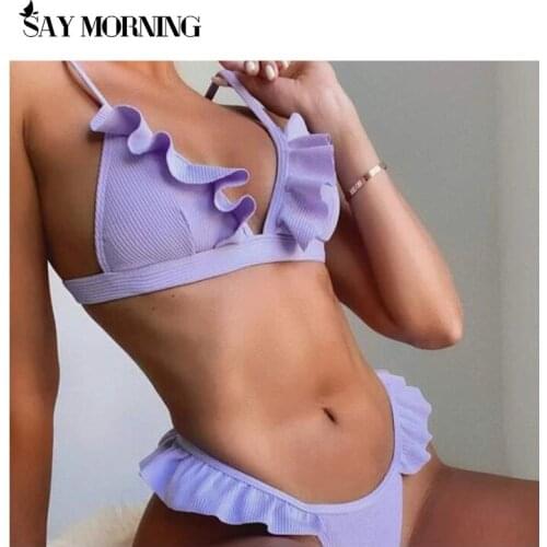SAY MORNING Swimsuit Split Triangle Cup Ruffle Solid Color Womens Swimwear Bikini Set New 2021 Beachwear Bathing Suit Swimming
